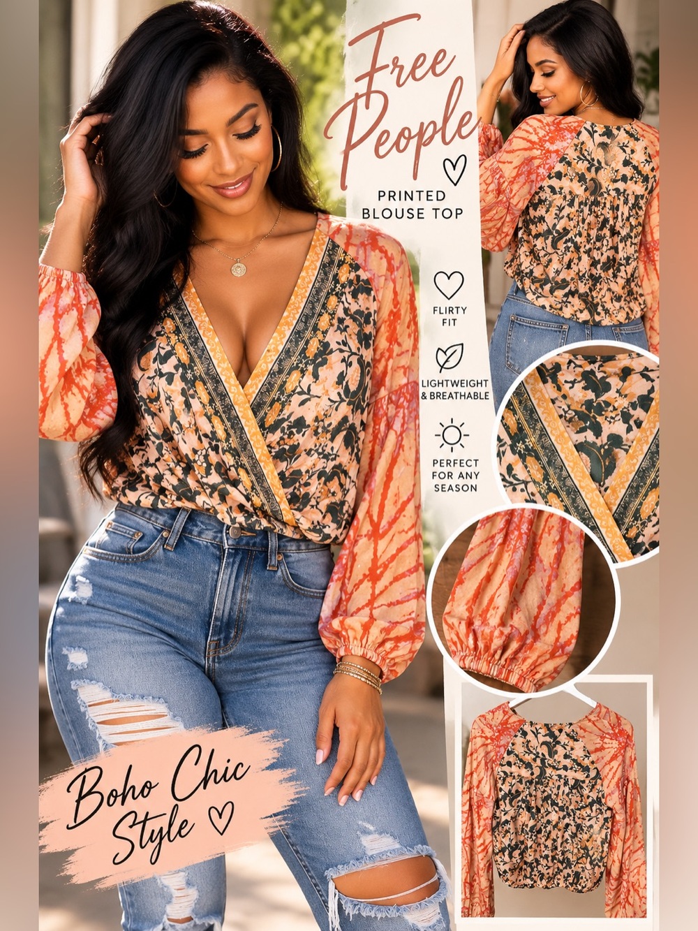 Free People Orange Floral Wrap Blouse size small - NWT